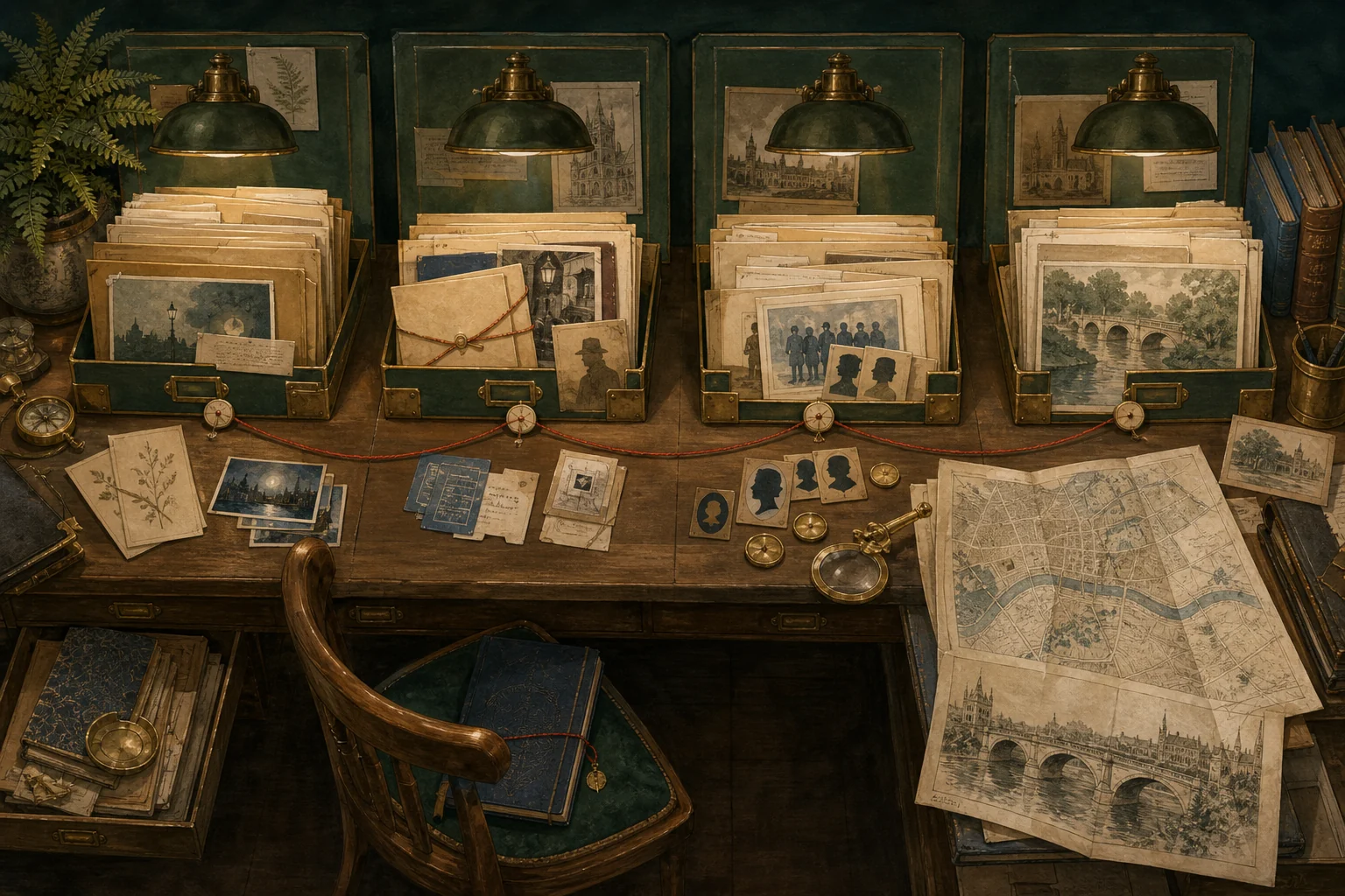 Four illuminated archive desks for cases, mystery evidence, people and Cambridge places