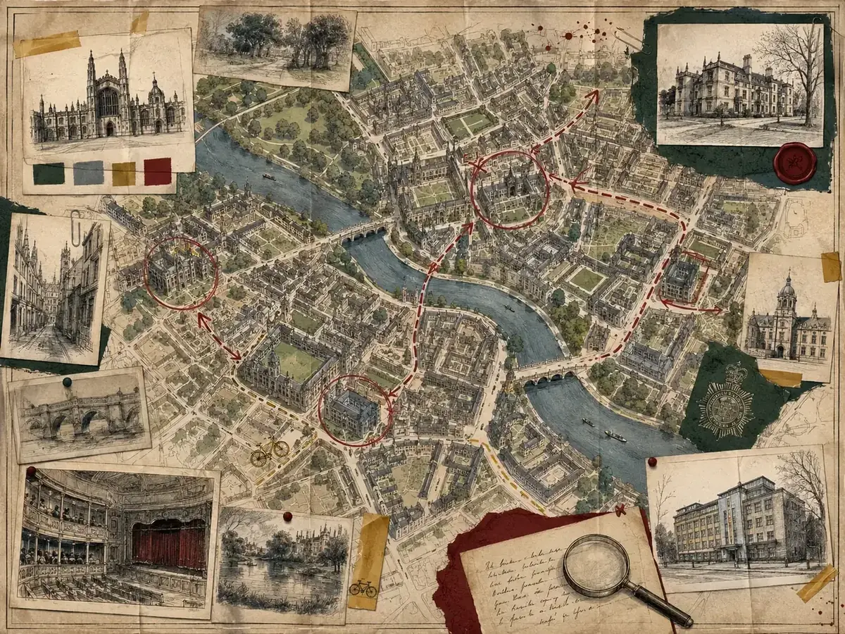 Original fan illustration of a fictional Cambridge-like city map with river, colleges, bicycle route and location sketches