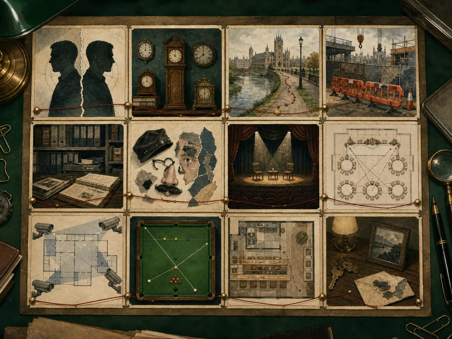 Twelve case vignettes connected by red evidence thread
