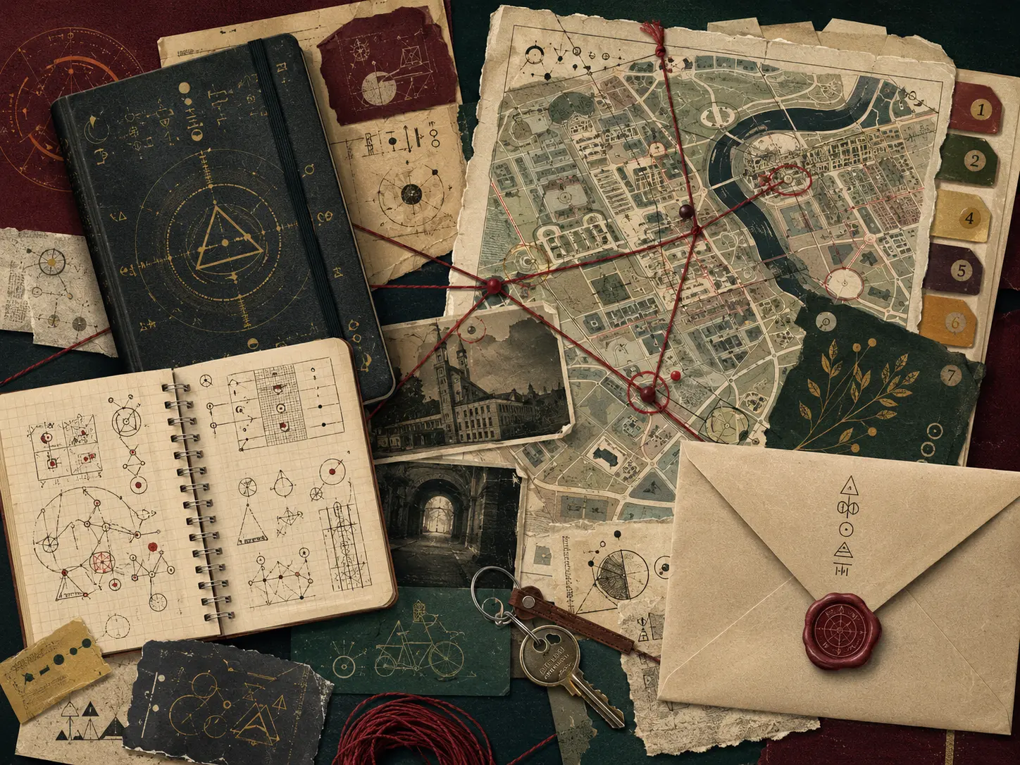 Original fan illustration of a cryptic notebook, fictional city map, coded evidence and red investigation thread