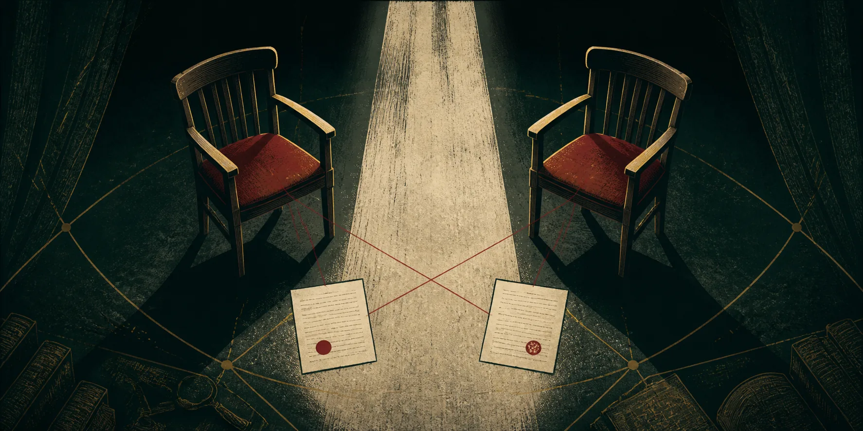Original fan illustration of two empty theatre witness chairs, two statements and crossing evidence threads