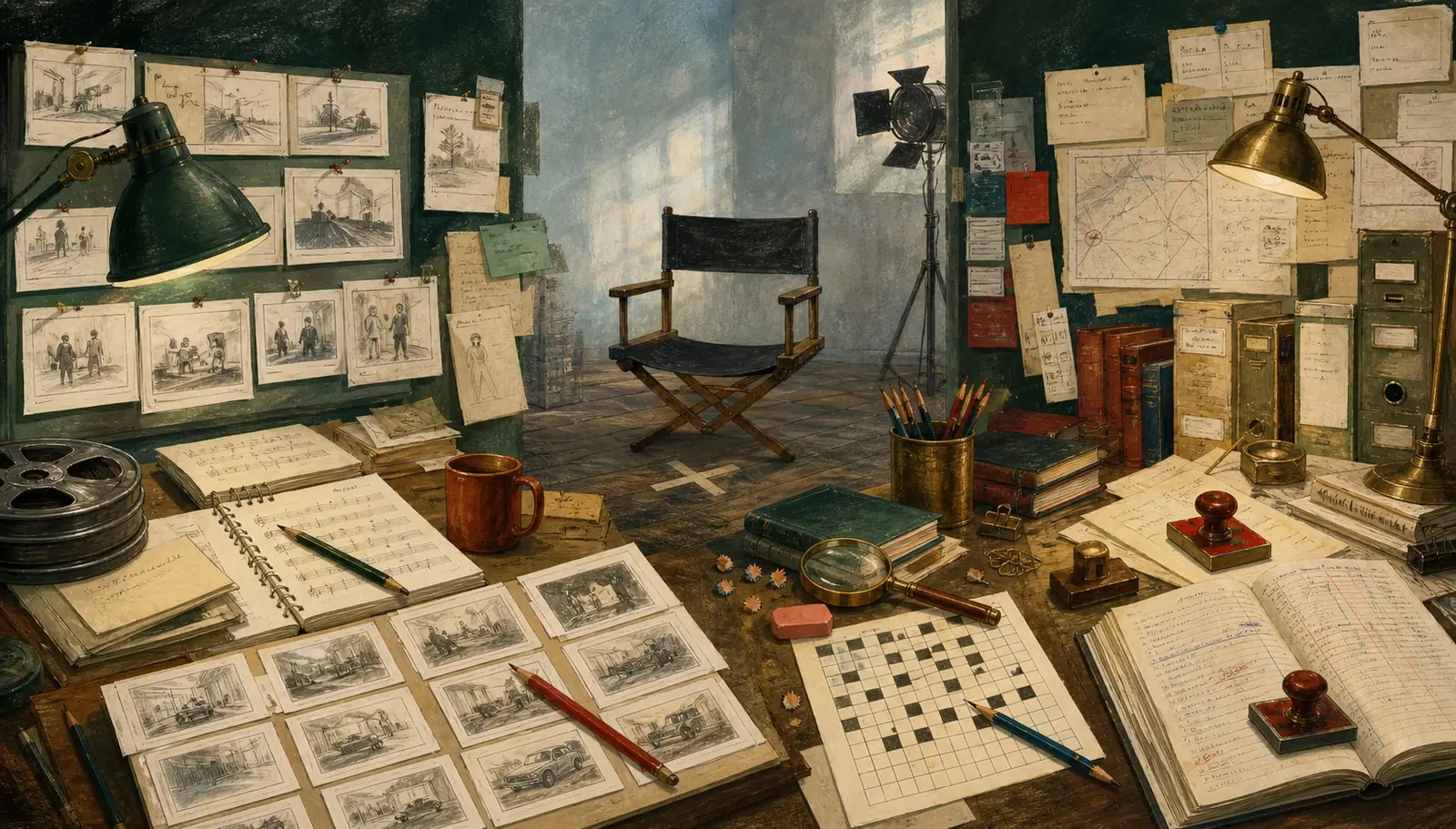 A panoramic production and editorial worktable with storyboards, music, puzzles and records