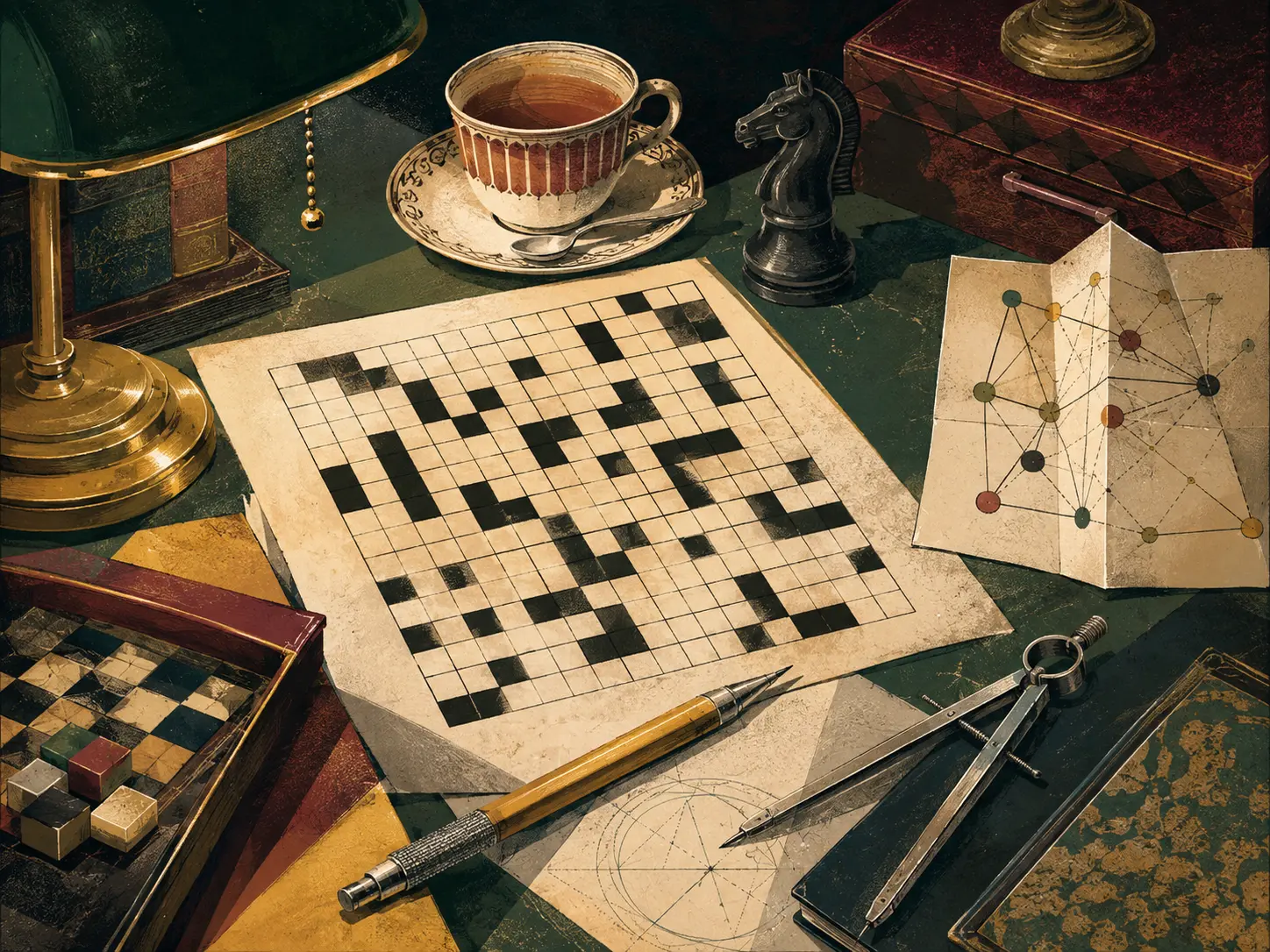Original fan illustration of a crossword, chess knight, drawing compass, teacup and logic diagram