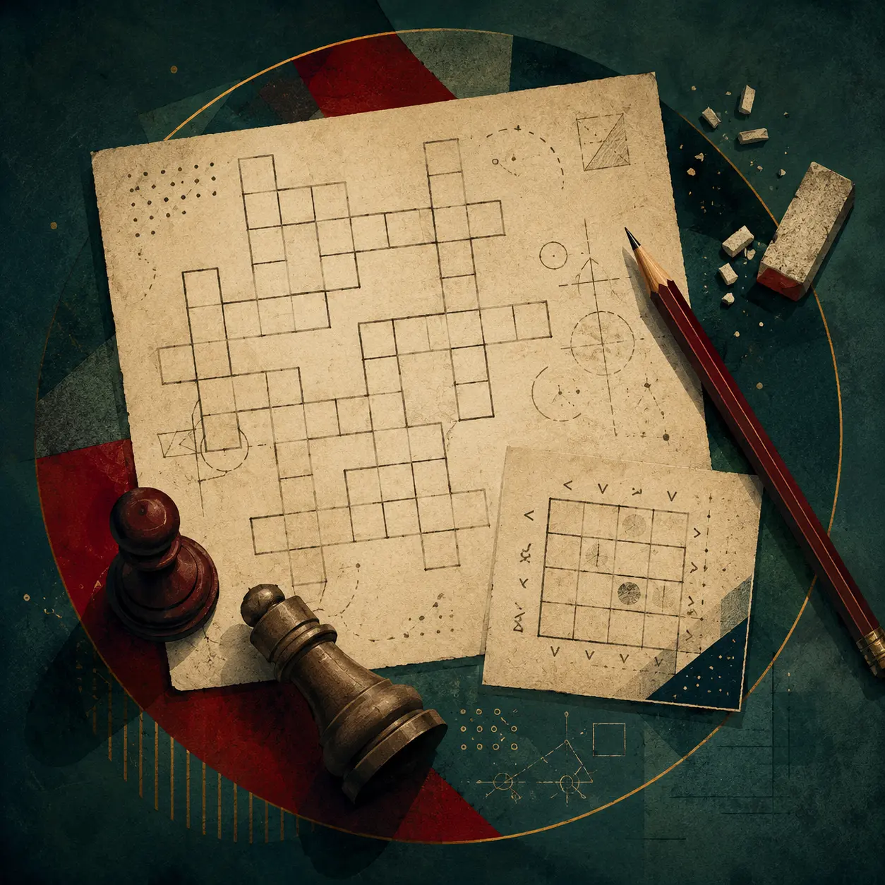 Original fan-created illustration of crossword, number-grid, geometry and chess puzzle materials