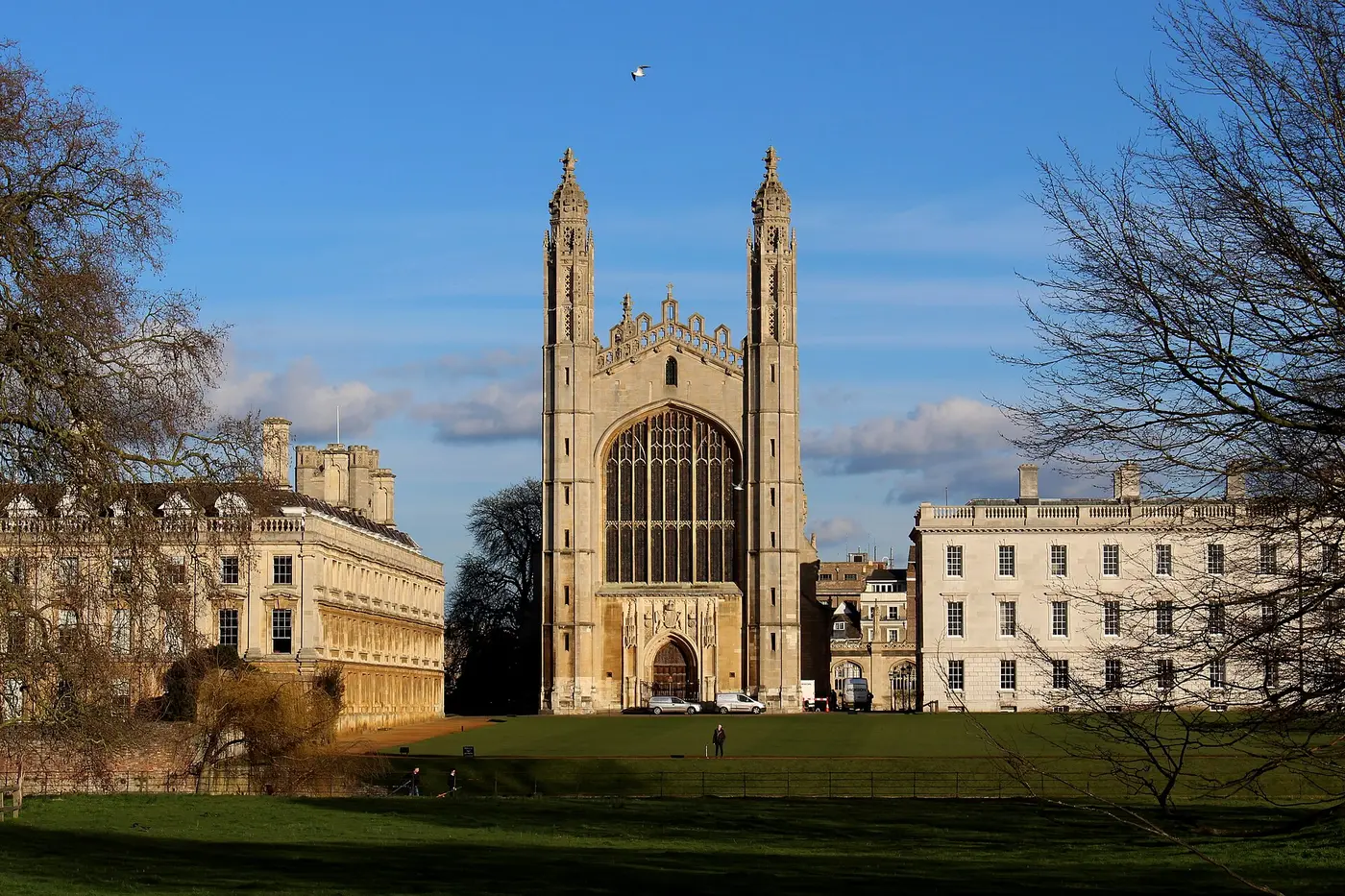 King’s College Chapel seen across the riverside grounds known as The Backs in Cambridge