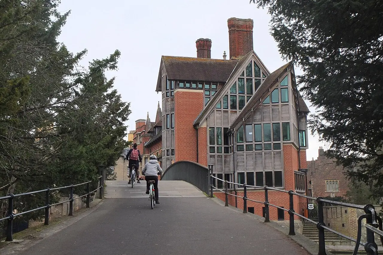 The rising public route over Garret Hostel Bridge beside Trinity Hall, photographed in 2019