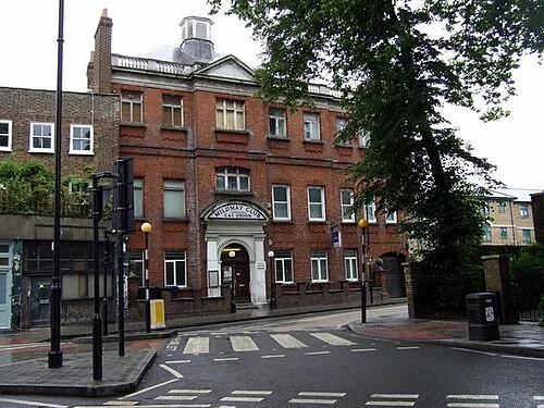 The red-brick exterior of the Mildmay Club on Newington Green, photographed in 2009