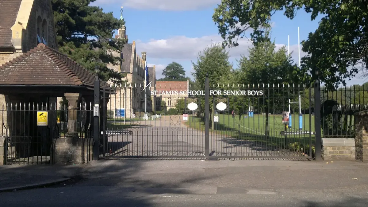 The closed entrance gates of St James Senior Boys’ School, photographed from outside in 2013